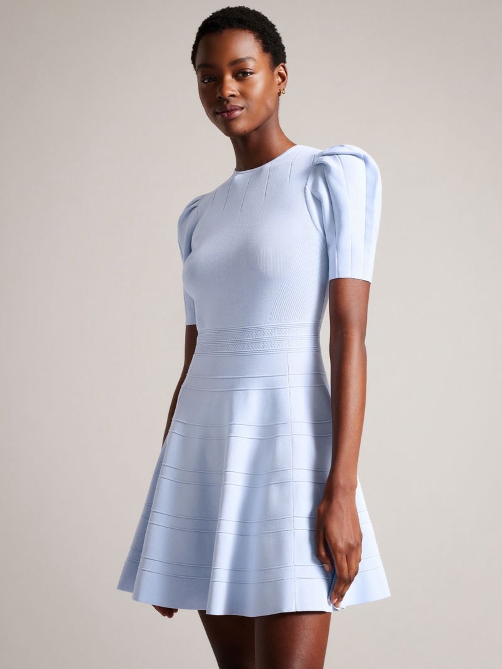Ted Baker Baby Blue Velvey Puff Sleeve Sculpt Knit Dress Size 12